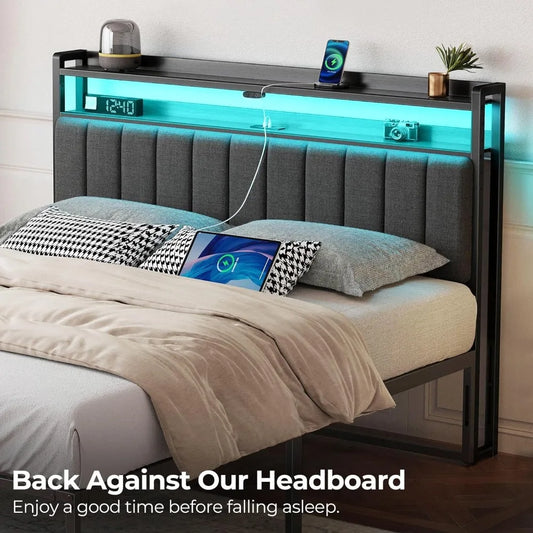 Full Size Upholstered Headboard with Storage, USB & Type-C Ports, Adjustable Height & LED Lighting