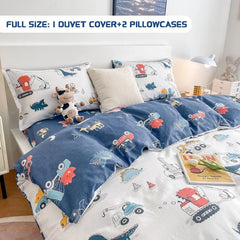 Kids Duvet Cover Set Full Size, Cotton Cartoon Car Truck Bedding Set for Boys Girls, 3 Pieces Soft Breathable White Yellow Plaid