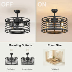 18-inch Caged Ceiling Fan with Light,Low Profile Ceiling Fan with Remote Control and Reversible Blades for Kitchen and Bedroom