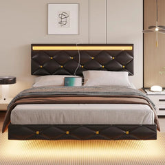 King Size Floating Bed Frame with LED Lights & USB Ports, Faux Leather Upholstered Platform Bed