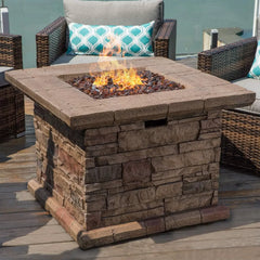 Outdoor Propane Fire Pit Table w Faux Ledgestone 32-inch Square Fire Table, 50,000 BTU Stainless Steel Burner, Free Lava Rocks