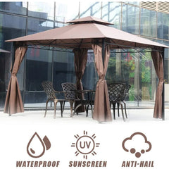 10 'x13' Outdoor terrace Terrace Heavy steel frame canopy, double roof, Privacy curtains (brown)