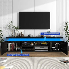 Modern Gaming TV Stand with RGB LED Lights & Power Outlet – 74” High Gloss Entertainment Center