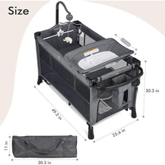 5 in 1 Baby Bassinet, Bedside Crib & Playpen Easy Folding Portable Crib with Mobile, Sheet & Mattress (Grey)