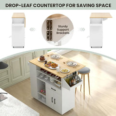Kitchen Island Cart with Drop-Leaf & Power Outlet, Rolling Kitchen Cart on Wheels with Wine Rack, Glass Holder, Drawer,