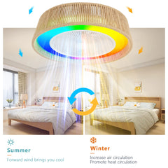 21" Modern Rustic Ceiling Fan Light with LED RGB Mood Lighting, Rope Woven Design, Quiet Fan, Semi Flush Mount for Bedroom