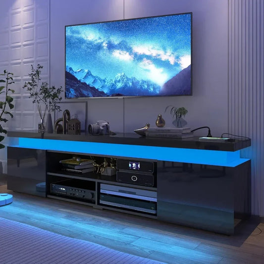 Modern Gaming TV Stand with RGB LED Lights & Power Outlet – 74” High Gloss Entertainment Center