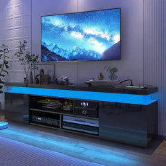 Modern Gaming TV Stand with RGB LED Lights & Power Outlet – 74” High Gloss Entertainment Center