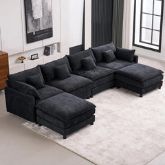145" U Shaped Cloud Couch Sectional for Living Room, Oversized Modern Modular Sofa with Movable Ottoman, Comfy Fluffy Chenille