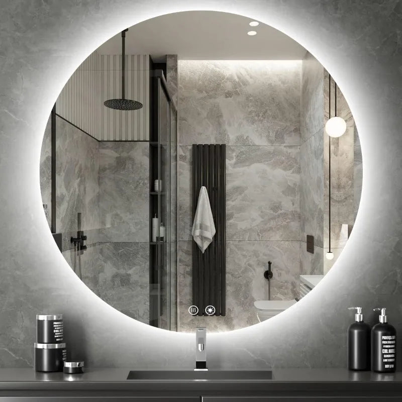 28 Inch Round Led Mirror for Bathroom,  Round Mirror with Lights,Framless Wall Mounted Lighted Bathroom Mirror Dimmable