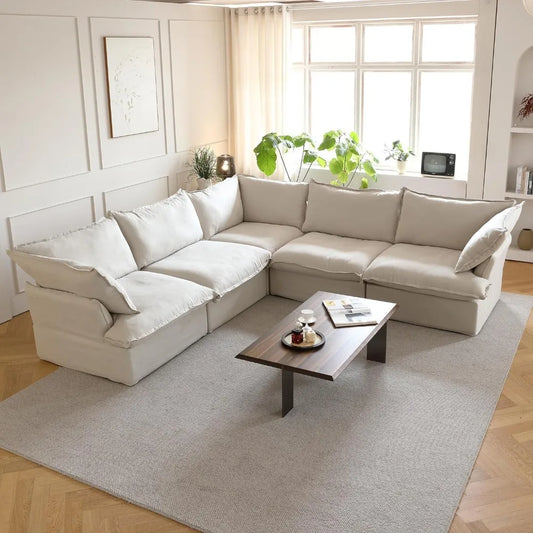 V-Shaped Beige Cloud Couches, Convertible Modular Sofas, Minimalist Deep Seat Sofa, Down Fill Sectional, Couch Sofa Furniture fo