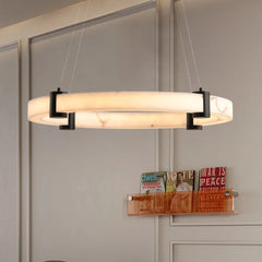 23.6Inch Round LED Pendant Light Hanging Chandelier - Adjustable Height - Imitation Marble Finish Resin Ring- Dimmable Ceiling