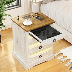 Bedside Table Set of 2 with Charging Station, LED Night Stand with Gun Drawer, Farmhouse Nightstands for Bedroom, End Table Rust