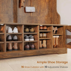 Hall Tree with Bench and Shoe Storage, 5-in-1 Entryway Bench with Coat Rack, 16 Shoe Cubbies & 12 Coat Hooks, Barn Door & Adjus