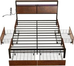 Queen Bed Frame with Storage Headboard and 4 Drawers Bed Frame Queen Size with Charging Station LED Lights Metal