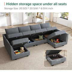 Bluish Grey U-Shaped Modular Sectional Sofa with Storage Seats – Convertible Sleeper Couch