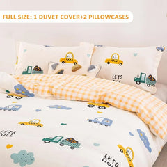 Kids Duvet Cover Set Full Size, Cotton Cartoon Car Truck Bedding Set for Boys Girls, 3 Pieces Soft Breathable White Yellow Plaid