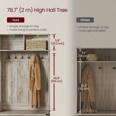 Hall Tree with Bench and Storage Cabinet, 6 Tri-Hooks, Adjustable Shelves
