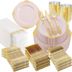 700PCS Plastic Disposable Tableware Set for 100 Guest - 200 Disposable Plates, 300 Plastic Silverware, 100 Cups, 100 Napkins