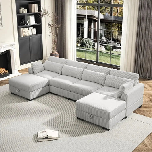 Corduroy Sofa Couch with  Pillows, Seat Convertible U Shaped Sofa Couch with Storage and Chaise for small Apartments