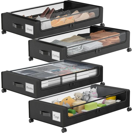 Under Bed Storage with Wheels,  Under Bed Storage Containers, Under The Bed Storage Organizer with Clear Lids - Rolling Drawers