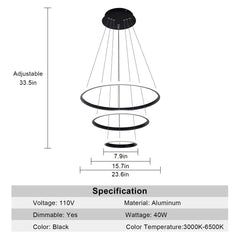 Dimmable Modern LED Chandelier,3 Rings Black Pendant Light with Remote,3000K-6500K Adjustable,40W Ceiling Light for Bedroom