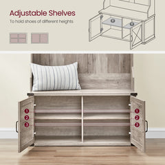 Hall Tree with Bench and Storage Cabinet, 6 Tri-Hooks, Adjustable Shelves