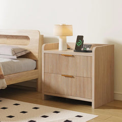 Fluted Nightstand Set of 2, 23.6" Night Stand with Charging Station,Modern Side Table with 2 Drawers,Bedside Table for Bedroom,