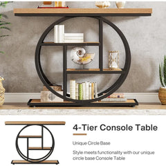 Console Table, Industrial 4-Tier Sofa Table Entryway Table with Circle Base, Narrow Wood Accent Tables with Sto