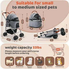 Dog Stroller, Pet Stroller, Cat Stroller – Zipperless Entry, Easy Fold with Removable Liner, Storage Basket + Cup Holder (Gray)