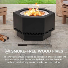 Smoke Free Hexagonal Outdoor Fire Pit with PVC Cover and Fire Rod, Black Terrace Wood Burning, 26 in