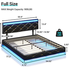 King Size Floating Bed Frame with LED Lights & USB Ports, Faux Leather Upholstered Platform Bed