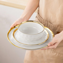 LOVECASA 12/24 Piece Ceramic Porcelain White and Golden Rim Dinnerware Sets With 4/8 PCS Dinner Plate/Dessert/Cereal Bowl for 4