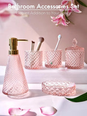 Pink Bathroom Accessories Set, 5Pcs Clear Glass Bathroom Set with Soap Dispenser, Soap Dish, Toothbrush Holder Set, Tumbler, Cot