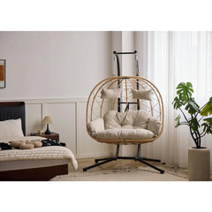 2 Person Egg Swing Chair with Stand - Indoor/Outdoor Hammock Chair & Hanging Egg Chair | Rattan Wicker, UV Resistant Cushion & P