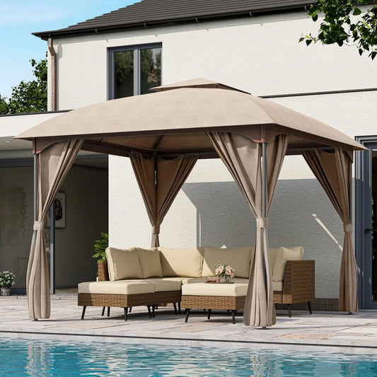 10'x10' Outdoor Gazebo, Unique Arc Roof Design and Privacy Curtains Included, Khaki