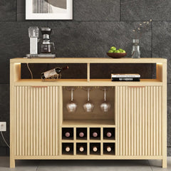 Fluted Home Bar Wine Cabinet with LED Light, Charging Station, Wine Rack - Buffet Cabinet with Storage, Coffee Bar Table