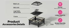 30 Inch Fire Pit, Square Outdoor Fireplace Table w/ Mesh Lid & Fire Poker, 3-in-1 Multipurpose Firepits for Yard, Garden, Patio