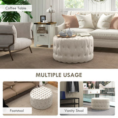 Beige Button-Tufted Ottoman Footstool – Velvet-Feel Upholstery, Elegant Round Design