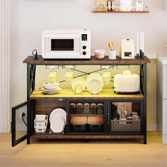 Bar Cabinet with LED Lights, Wine Cabinet with Power Outlet, Bar Table Stand with Wine Rack, Storage Cabinets, Adjustable Shelf