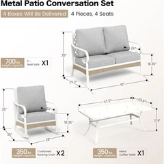 4 Piece Metal Outdoor Patio Furniture Set, Patio Conversation Sets 2-Seater Sofa, 2 Single Sofa and Coffee Table