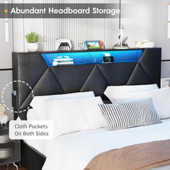 Vabches Queen Bed Frame with Storage Headboard and 4 Drawers,Upholstered Platform with Charging Station and Led Lights,Adjustabl