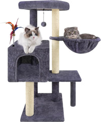 Multifunction Cat Tree with Cozy Hammock & Hanging Ball, Cat Tower with Activity Cat Condo Jute-Covered Scratching Posts, Grey