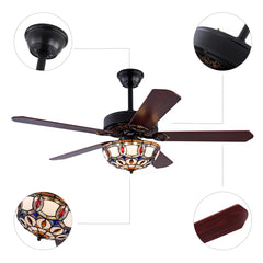 52'' Tiffany Ceiling Fan with 3 Lights + Remote Control Wooden Ceiling Fan