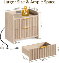 Fluted Nightstand Set of 2, 23.6" Night Stand with Charging Station,Modern Side Table with 2 Drawers,Bedside Table for Bedroom,