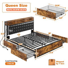 Queen Bed Frame with 4 Storage Drawers and Upholstered Headboard Meal Bed Frame Queen Size Built in Charging Station,Noise Free