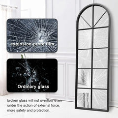 Arched Window Finished Full Length Mirror, Wall Mirror Metal Frame Home Decor Mirror Windowpane Mirror, Wall Mounted or Leaning