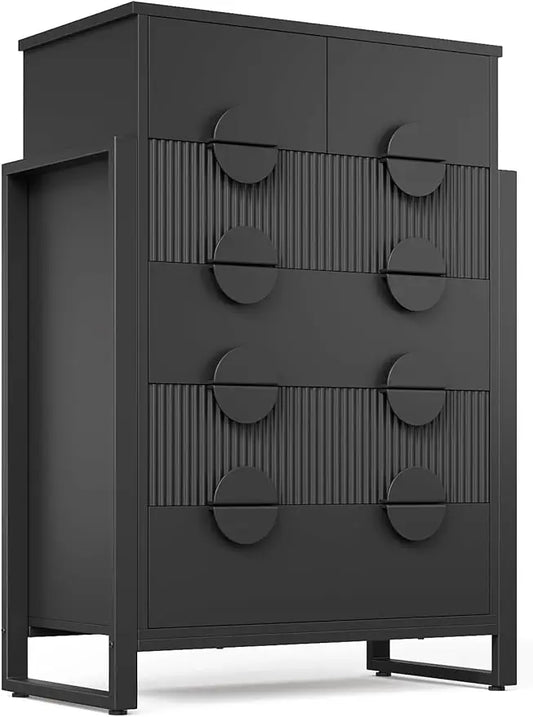 Black Fluted Dresser with Narrow TV Stand for Living Room, Modern 6 Drawer Tall Chest of Drawers for Bedroom, Curved Edges Desig