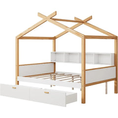 Full Size House Bed with Storage Drawers for Kids,Full Kids Bed Frame with Bookshelves,Wooden House Frame for Girls,Boys