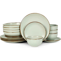 Brasa Modern Stoneware 16 Piece Dinnerware Sets, Plates and Bowls Sets, Dish Set for 4, Green